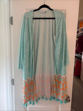 Cabana Life Aqua and Orange Tassel Swim Coverup